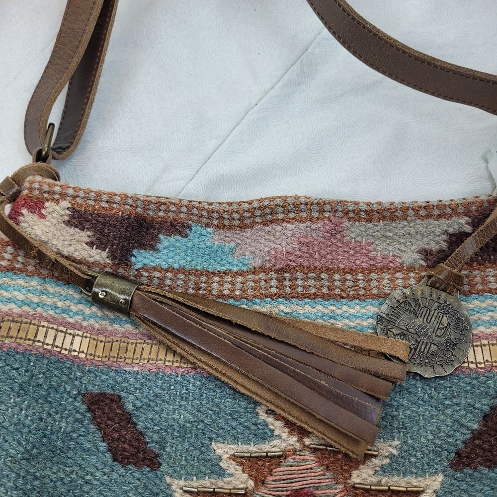 Catchfly Studio Aztec Rug Southwest Beaded Boho Aqua Brown Leather Crossbody Bag - Picture 4 of 12